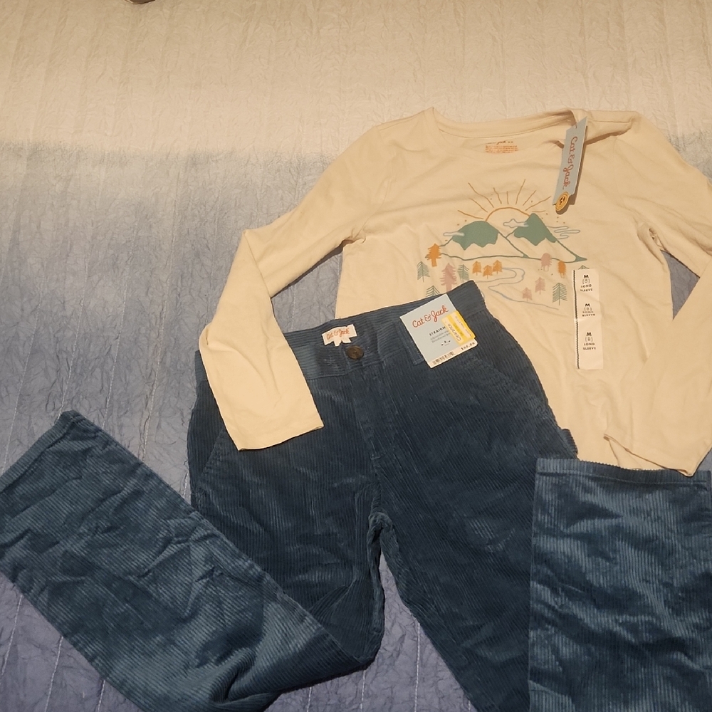 Cat & Jack Cream Graphic Tee and Blue Corduroy Pants
